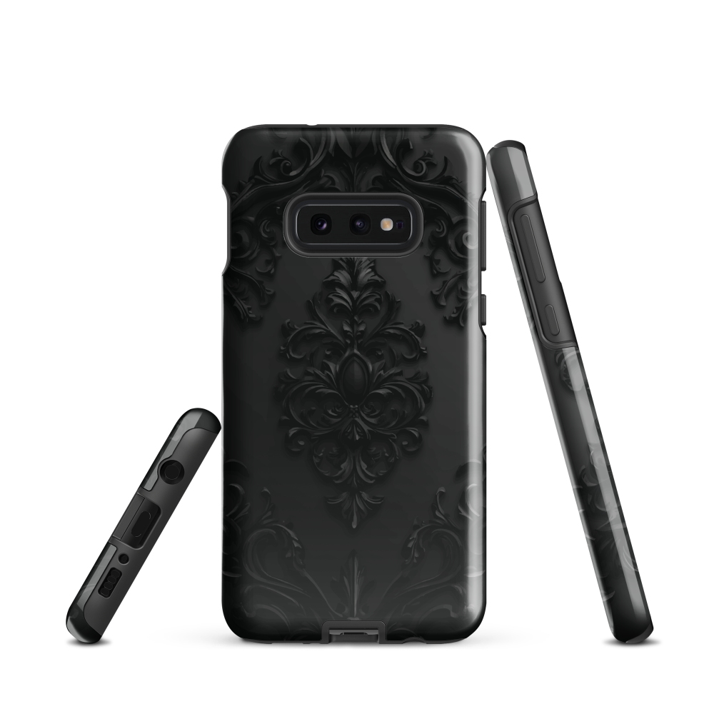 Black embossed damask phone case with gothic baroque pattern.