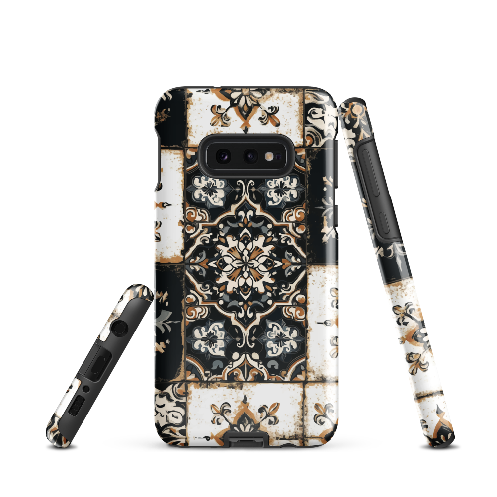 Moroccan tile pattern phone case in black, white, and gold tones with vintage-inspired design.