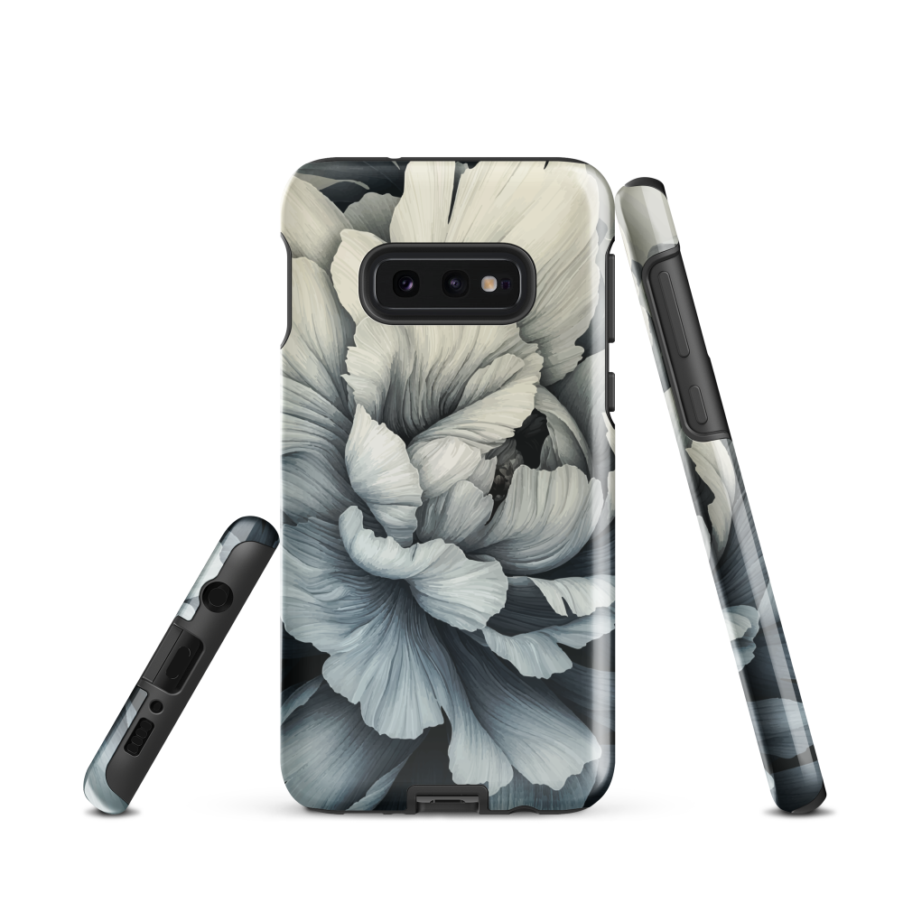 Black and white floral phone case featuring a soft, moody peony design by New Zealand artist Ben Hart.