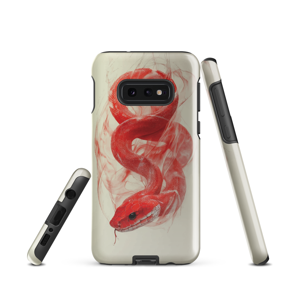 Phone case with red snake design on a cream background, coiled in smoky detail. Bold artwork by NZ designer Ben Hart.