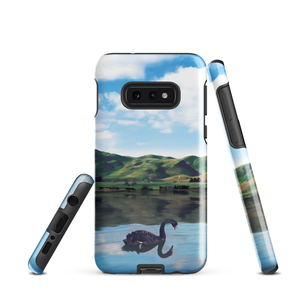 Phone case with a black swan on a calm lake, New Zealand hills in the background. Art by NZ designer Ben Hart.