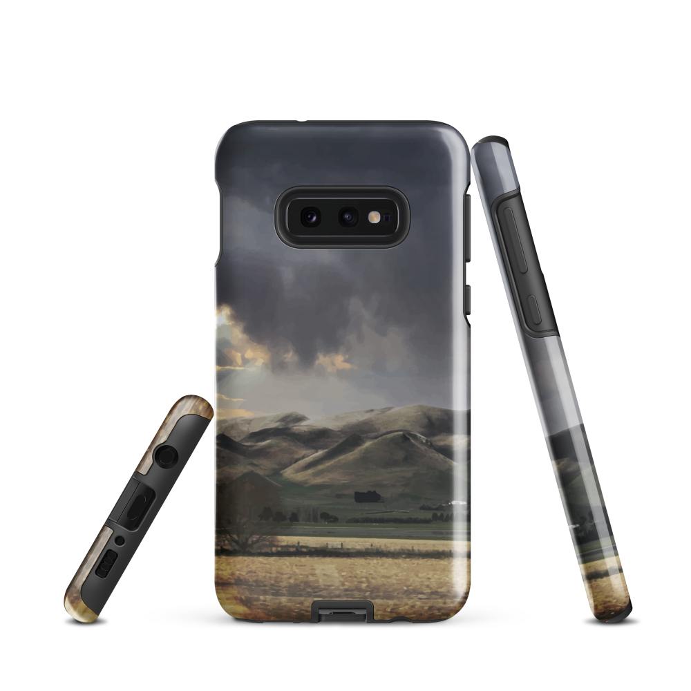 Designer phone case with NZ landscape painting of Te Hauke and cloudy skies by Ben Hart.