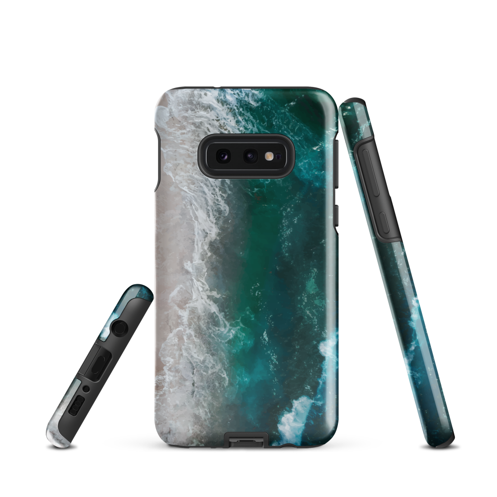 Ocean wave phone case with abstract beach design in teal and white, by NZ artist Ben Hart.