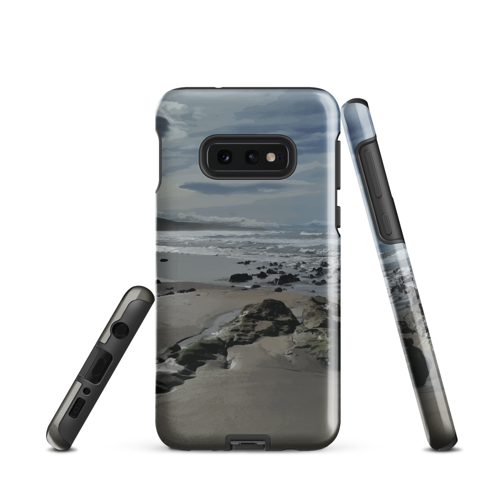 Phone case with artwork of Riversdale Beach, Masterton – rocks, waves and sky by NZ artist Ben Hart.