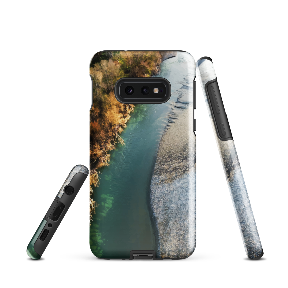 Phone case with aerial riverbend artwork and earthy tones, designed by New Zealand artist Ben Hart.