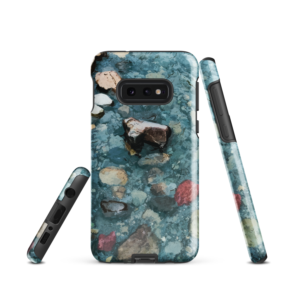 Washed Away designer phone case with abstract river stone artwork in earthy blues and natural tones.