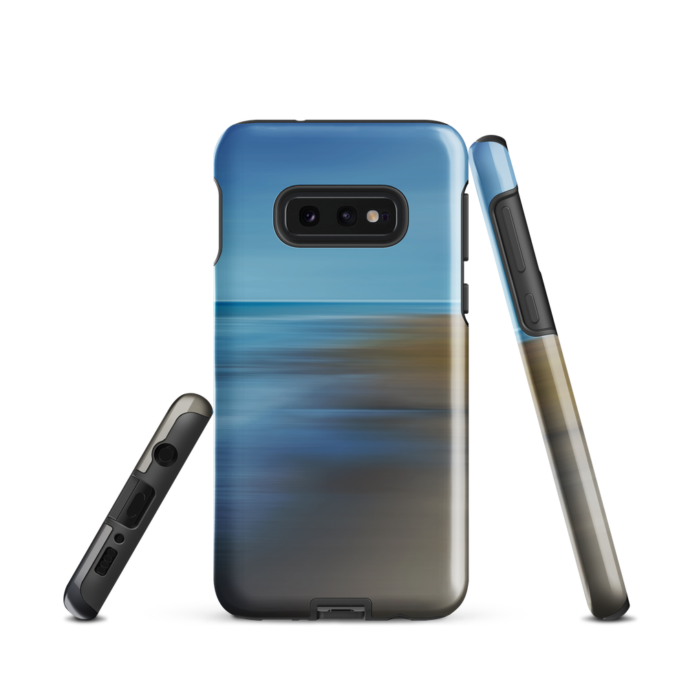 Ocean Breeze phone case with abstract blue and sandy tones inspired by sea and sky.