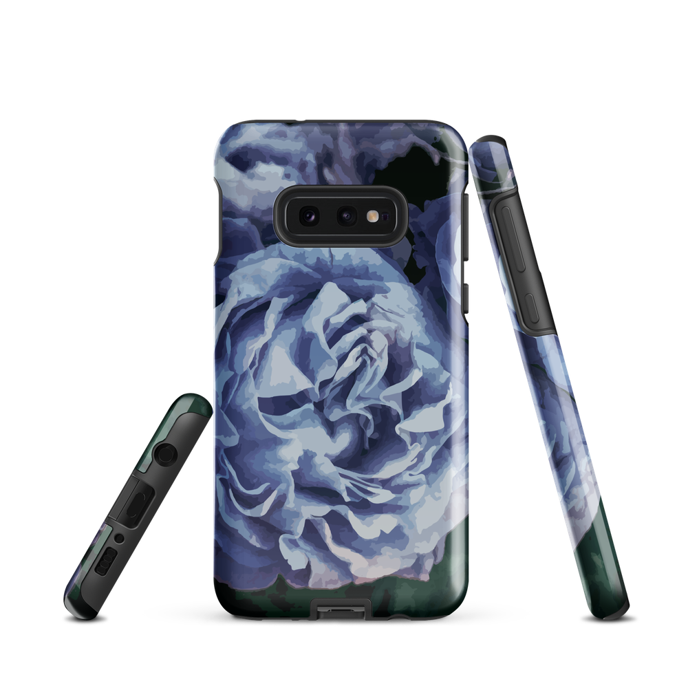 Designer phone case with a bold blue rose artwork and glossy finish.