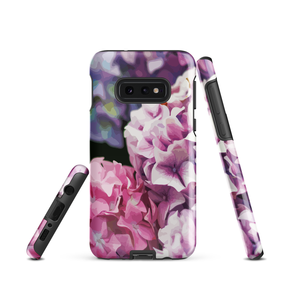 Designer phone case with pink and purple hydrangea floral artwork.