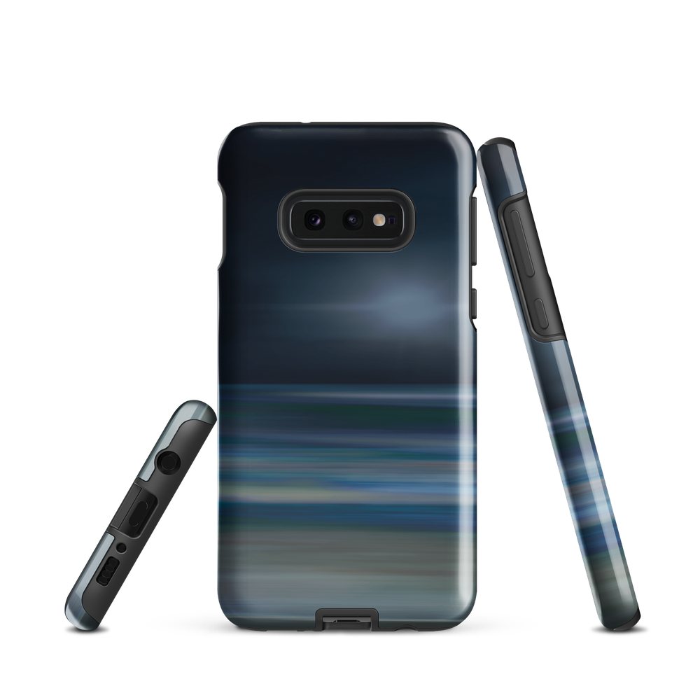 Dark abstract phone case with blue and grey streaks and glossy finish.