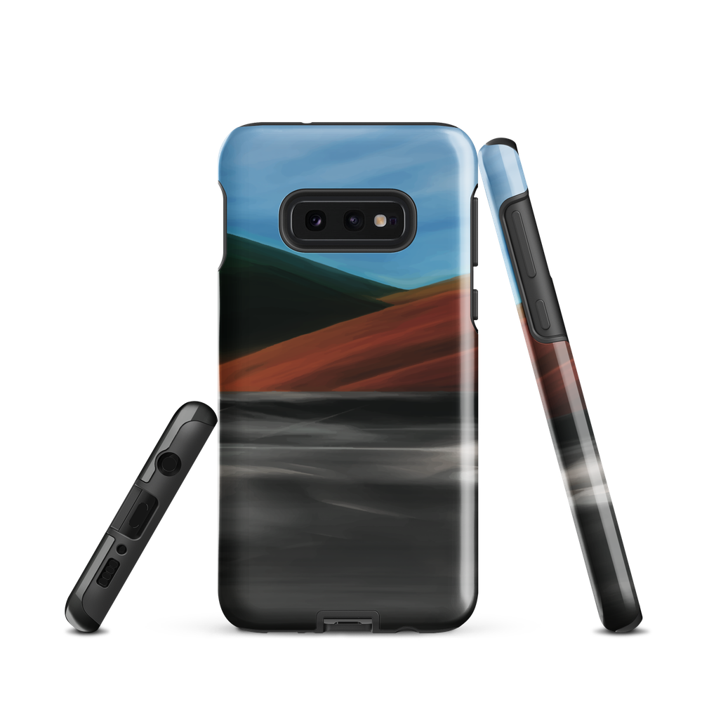 Phone case with abstract red, green, and blue heat wave landscape design.