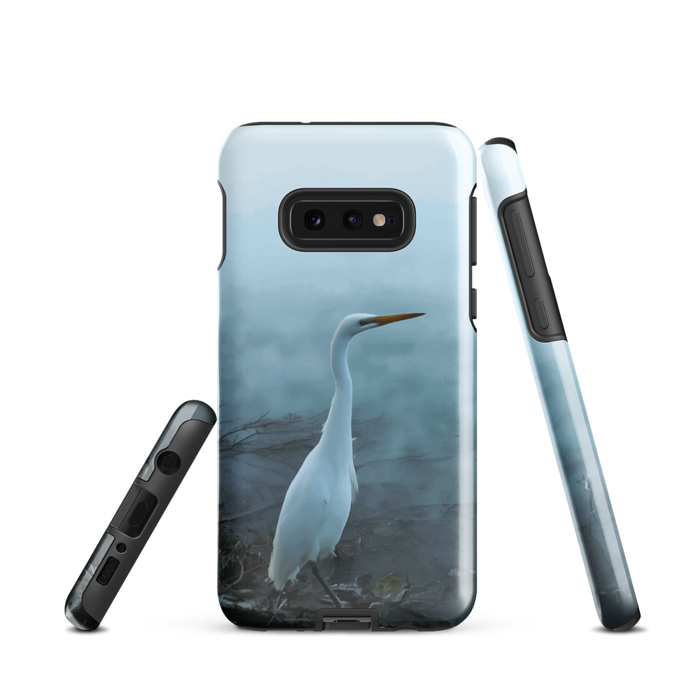 Phone case with a white heron standing in a misty wetland scene.