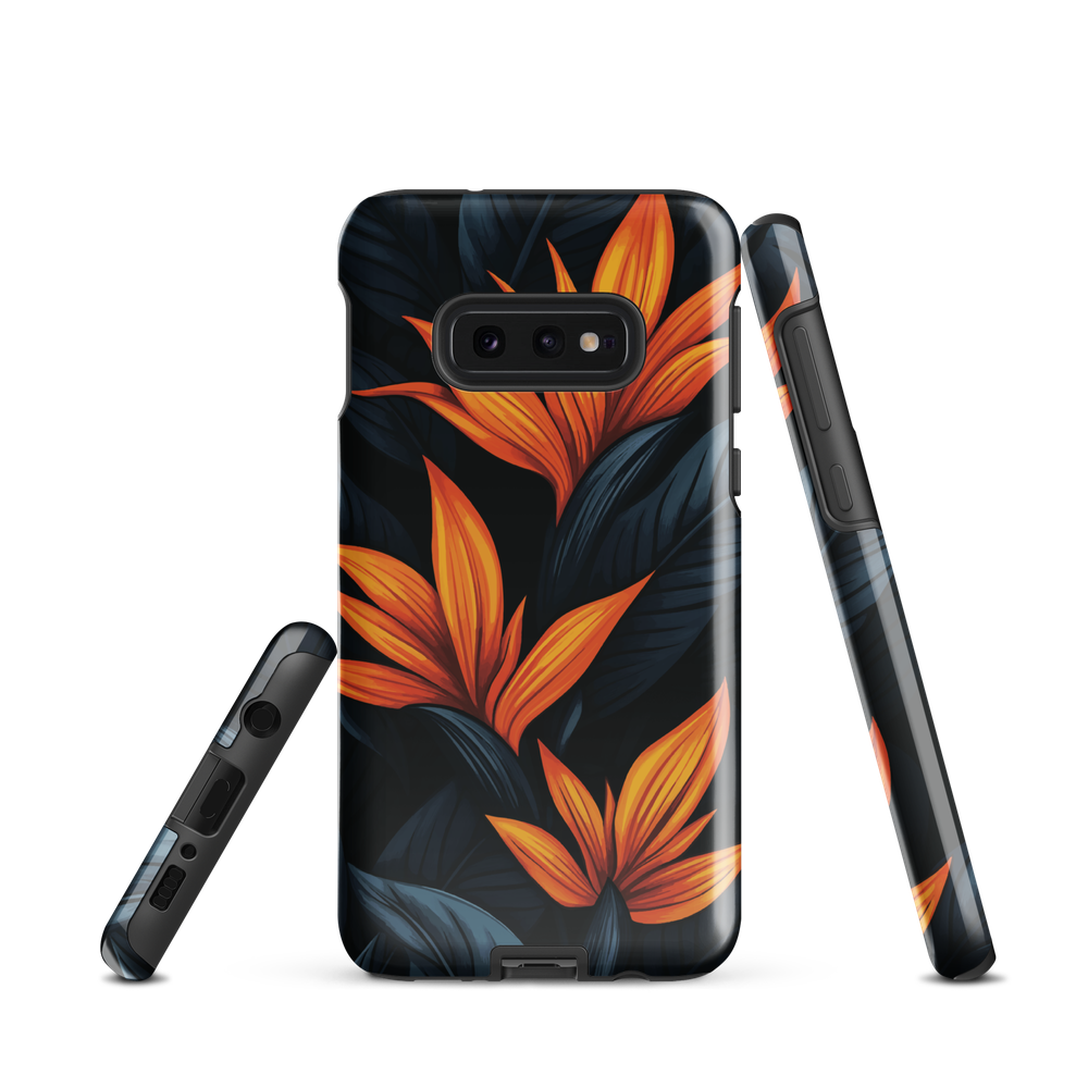 Phone case with bold orange bird of paradise flowers on dark background.
