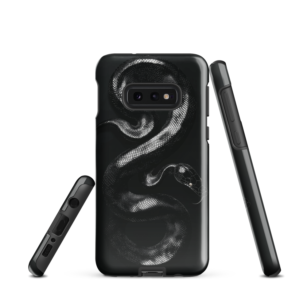 Phone case with detailed black python design on dark background.