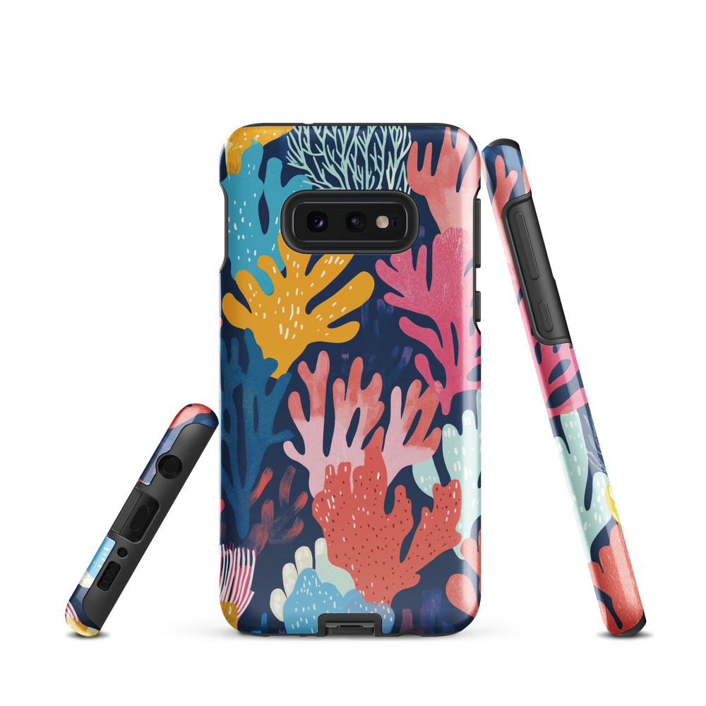 Colourful coral reef phone case design in pink, blue and yellow by NZ artist Ben Hart