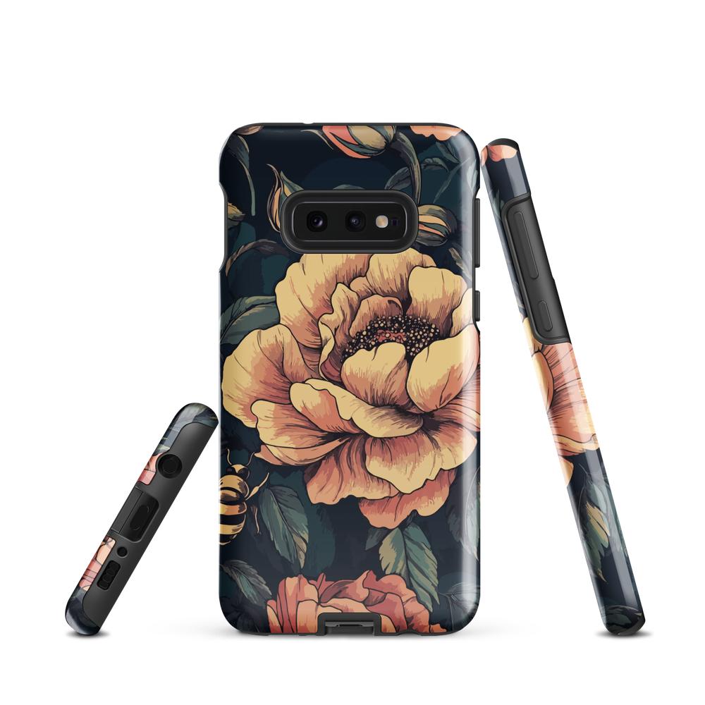 Phone case with vintage-style pink roses and bees on dark background, floral New Zealand artwork.