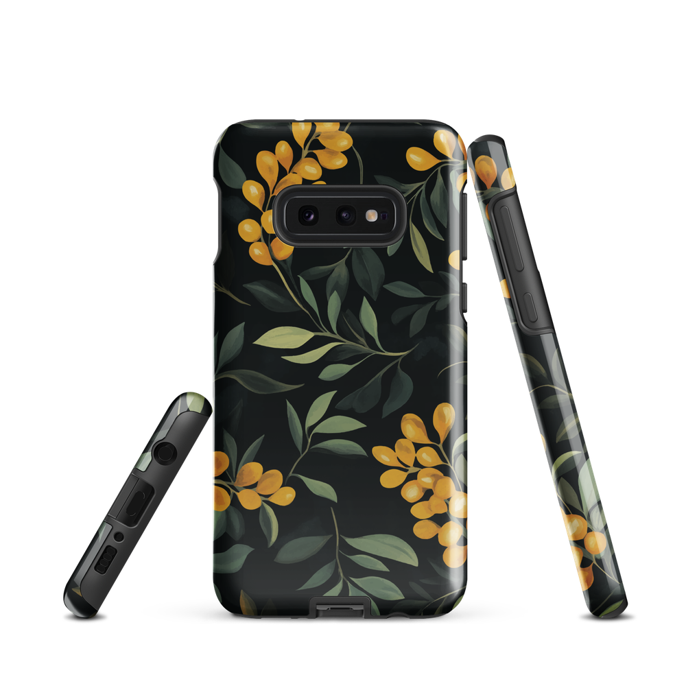 NZ Kowhai phone case with native yellow floral and green leaves on black background by designer Ben Hart.