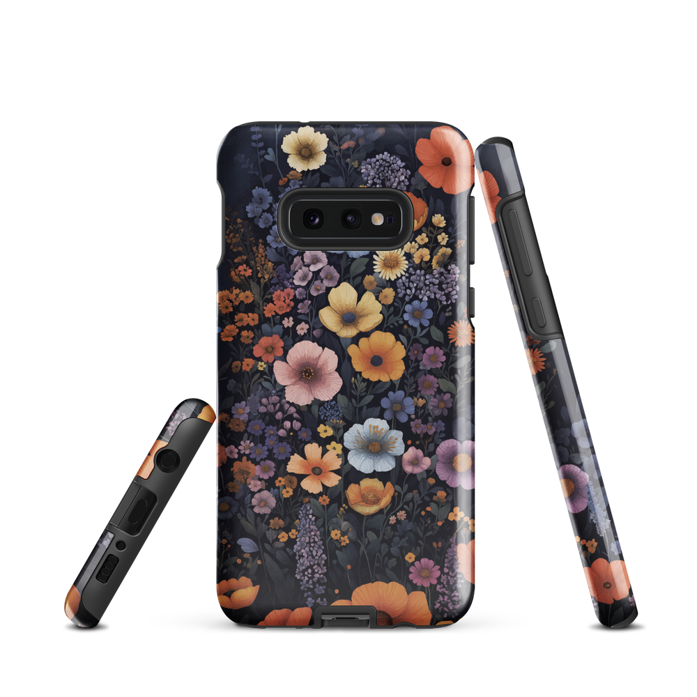 Phone case with colourful wildflowers on dark background, floral art design