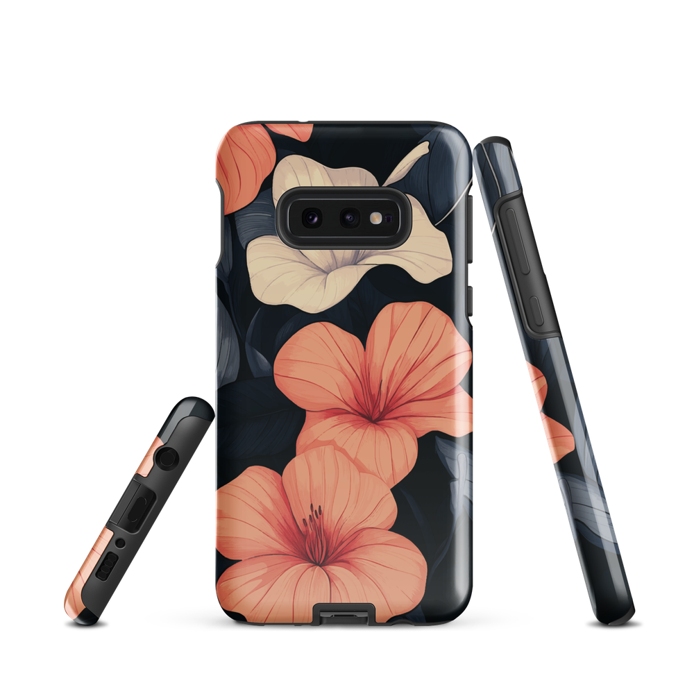 Phone case with coral hibiscus flowers and ivory blooms on dark background