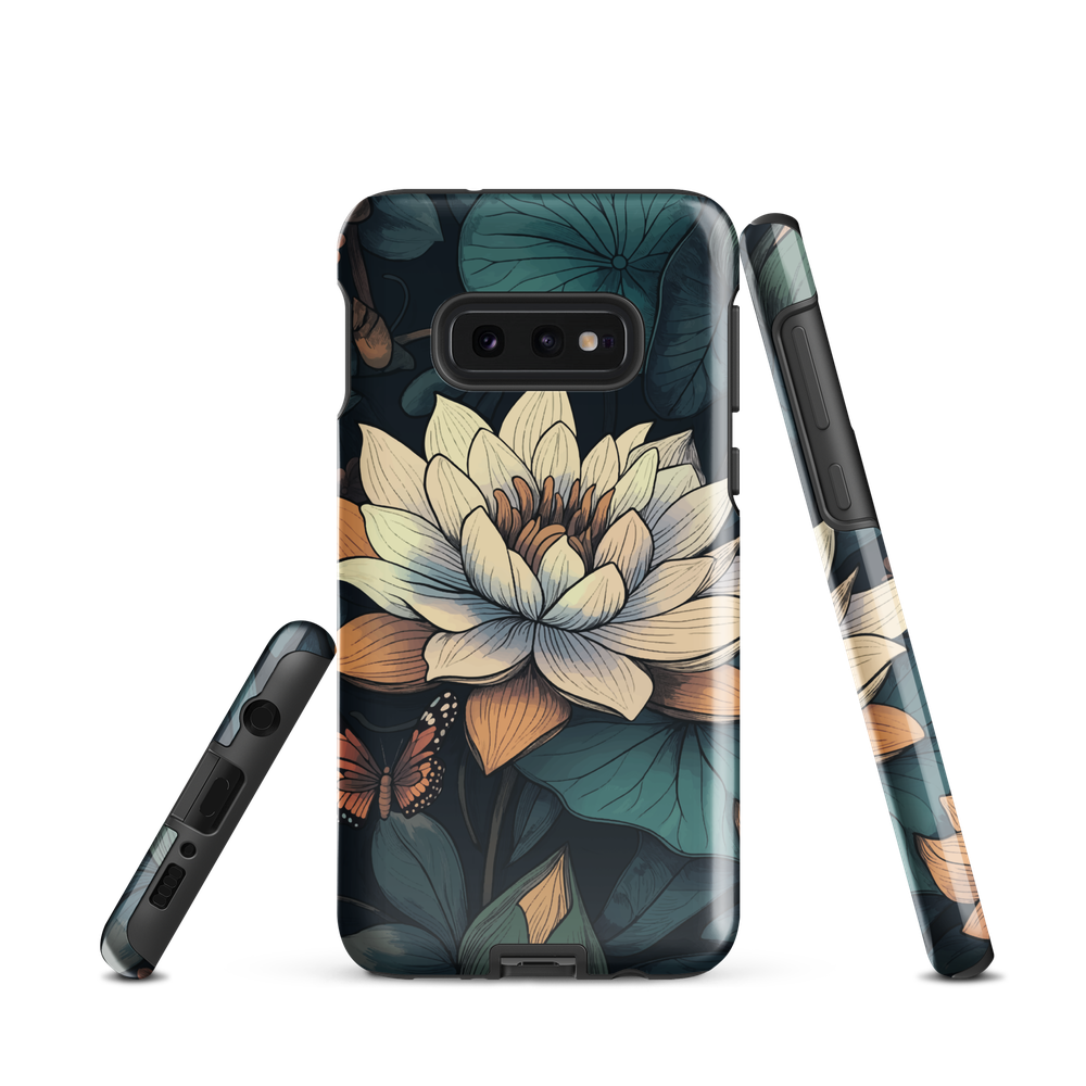 Phone case with ivory water lily, green leaves, and butterfly accents on dark background