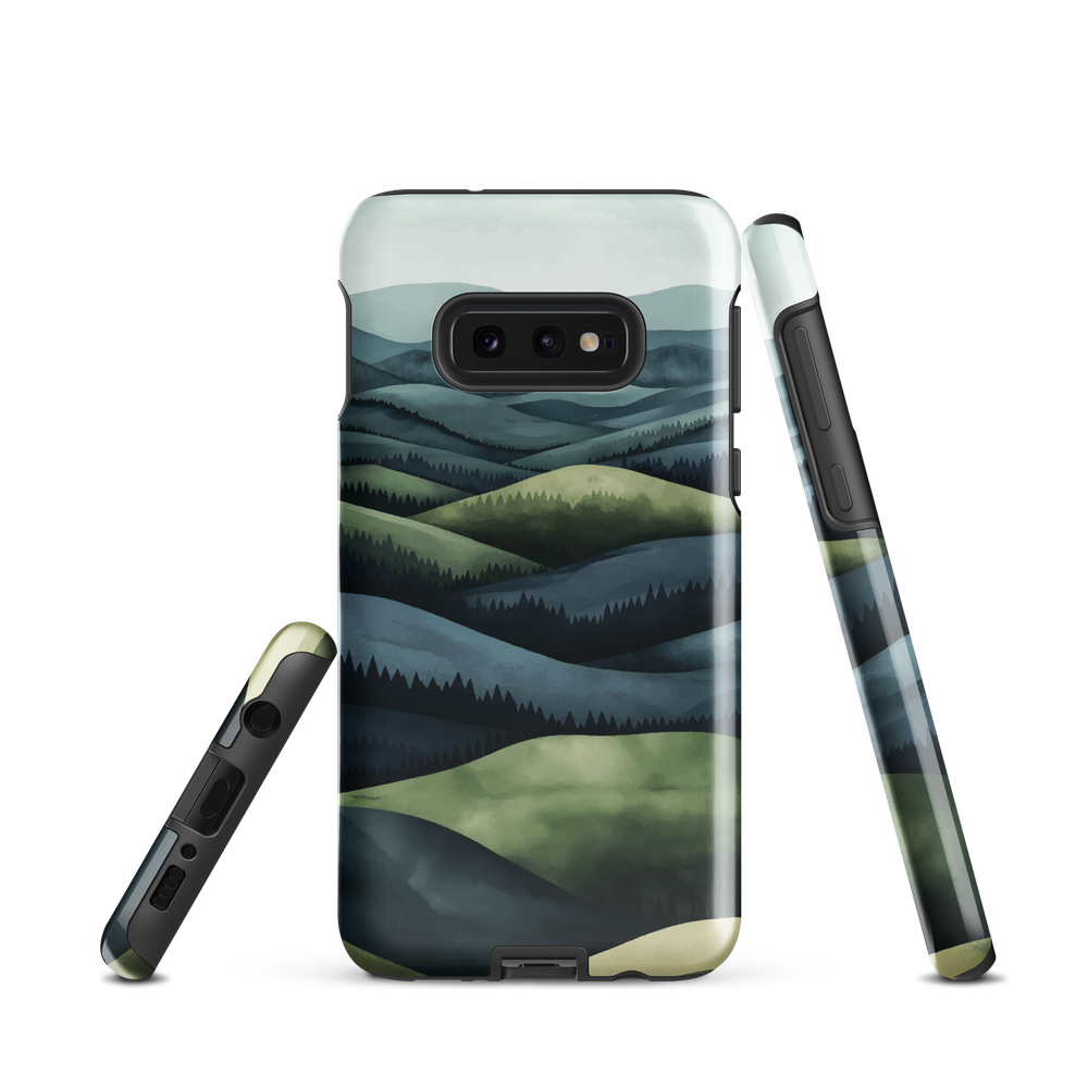 Phone case with layered mountain and forest landscape in blue and green hues