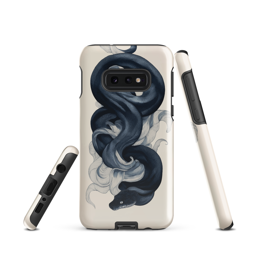 Phone case with black python and smoke design on cream background, serpent art by NZ artist Ben Hart.