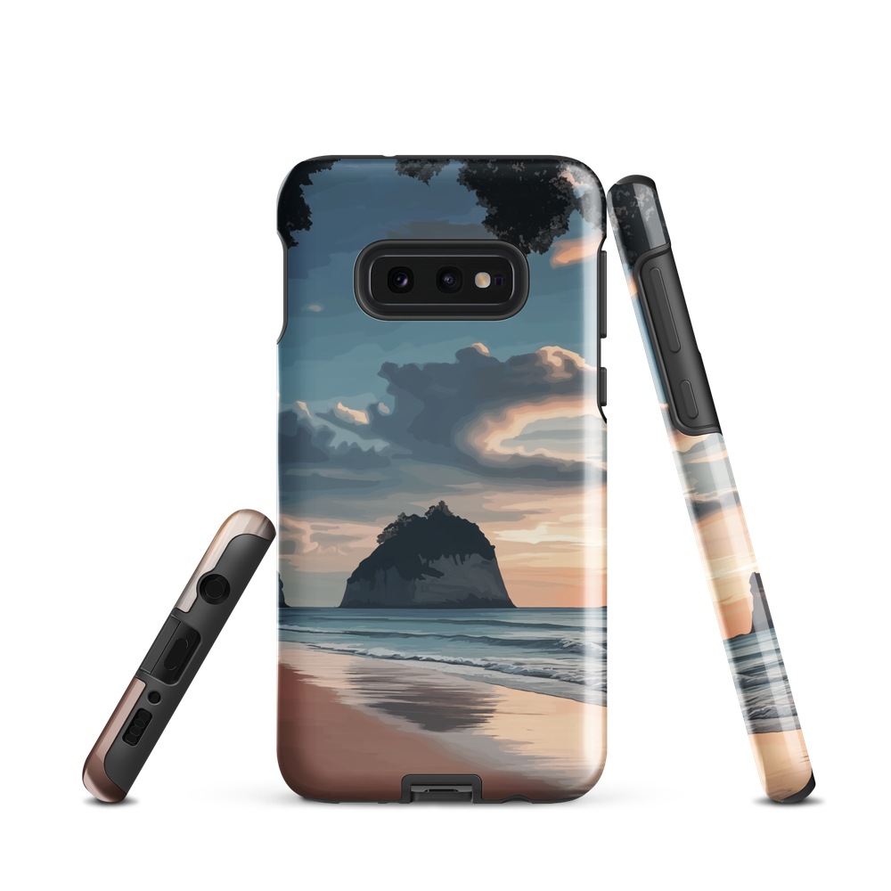 Phone case with Cathedral Cove beach and sunset scene, featuring soft skies and sea stack, by NZ artist Ben Hart.