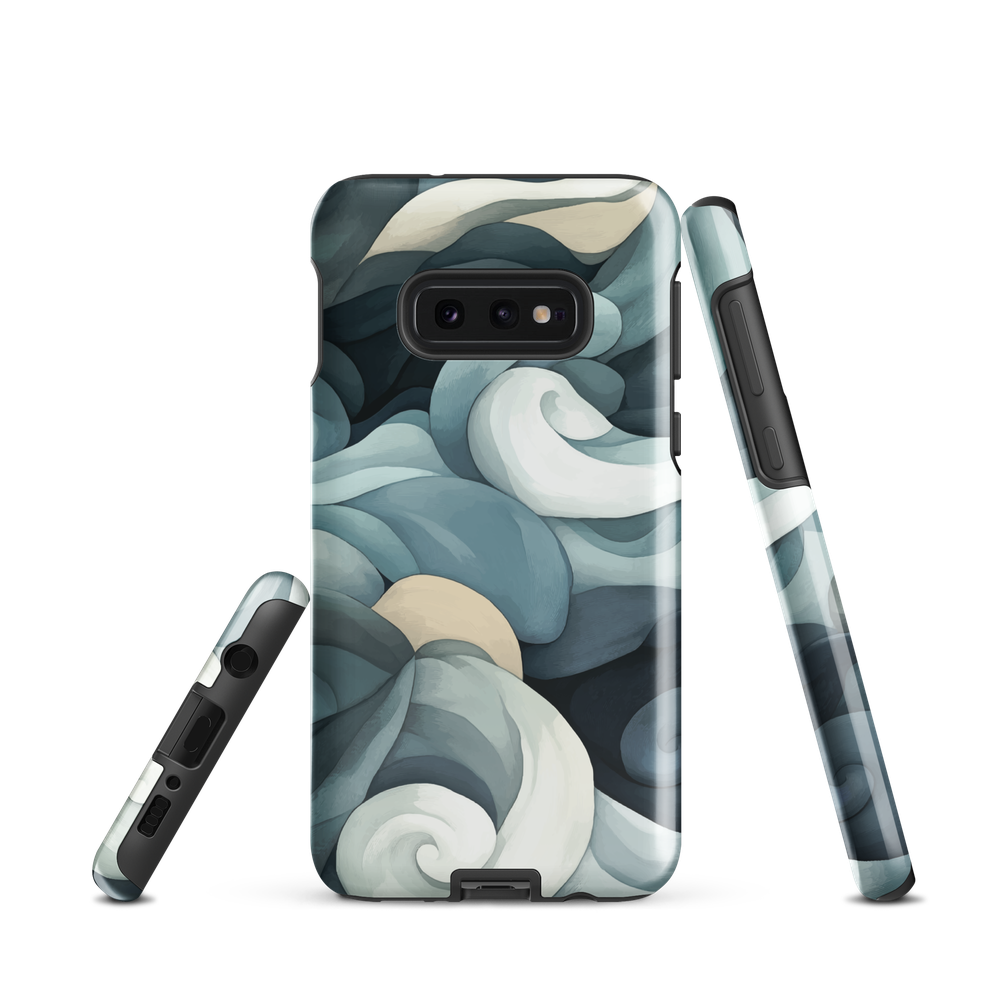 Phone case with abstract swirling ocean waves in blue and cream