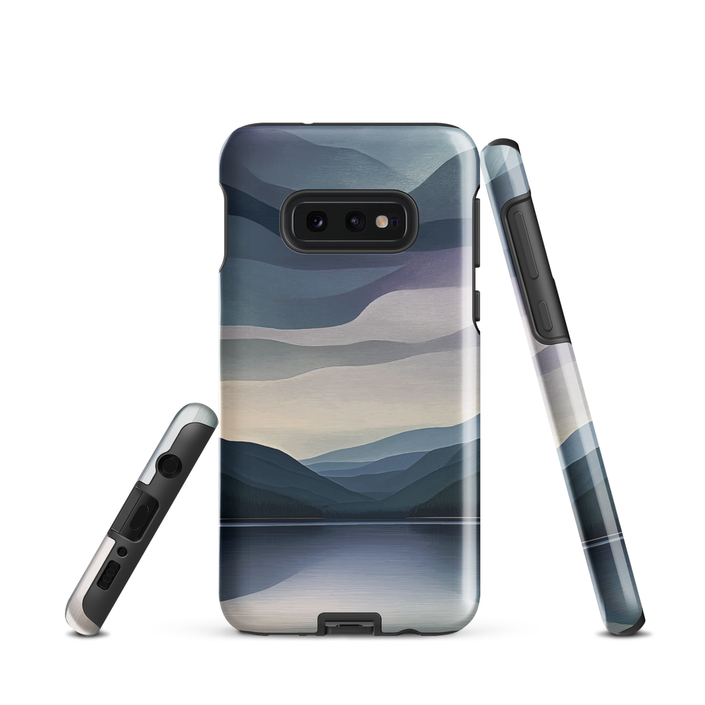 Phone case with moody blue and purple layered mountain and lake landscape artwork