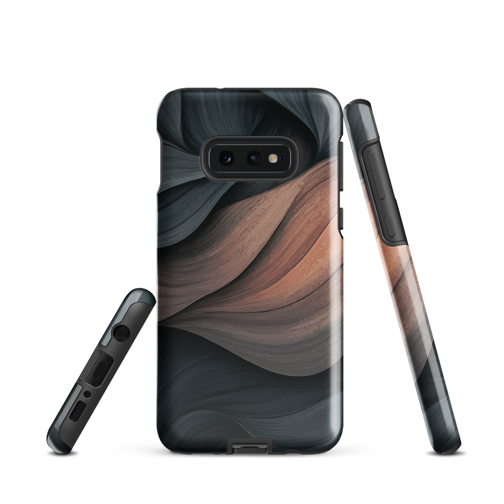 Phone case with flowing abstract design in black, copper and charcoal tones, inspired by dusk shadows