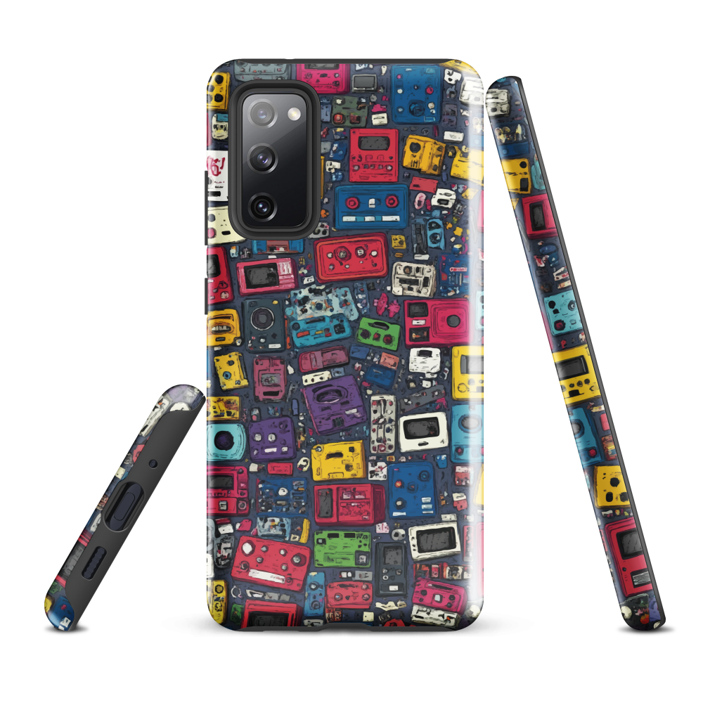 'Arcade' Samsung case, featuring a vibrant collage of hand-drawn controllers in bold, vintage-inspired colours. From electric blue and hot pink to classic black and yellow