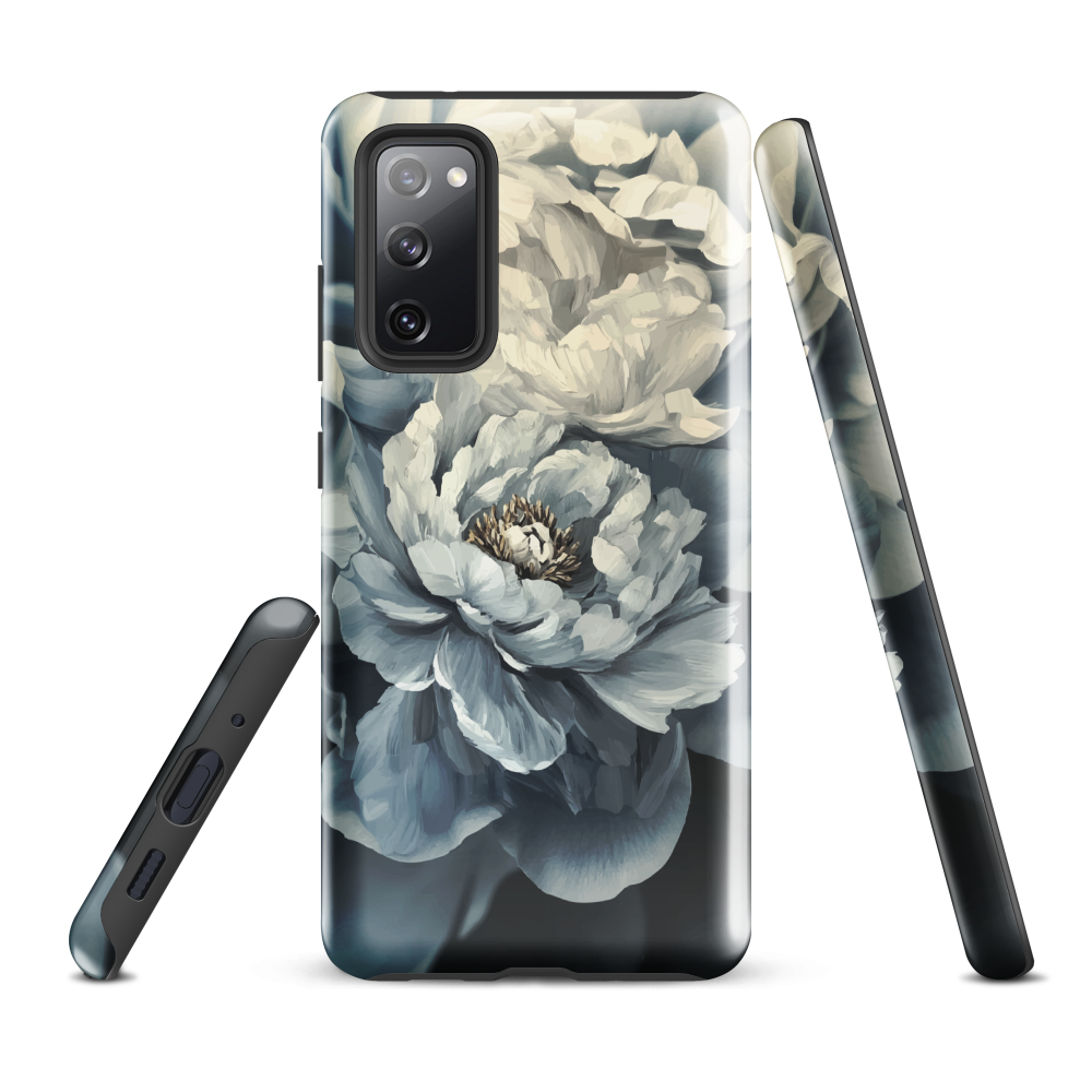 'Whisper' Samsung case features a stunning close-up of softly painted peony blooms in dreamy shades of ivory, grey, and smoky blue.