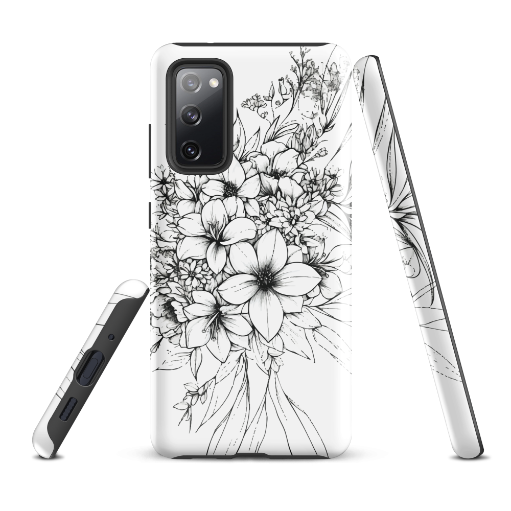 Black and white floral phone case with hand-drawn lilies and wildflowers