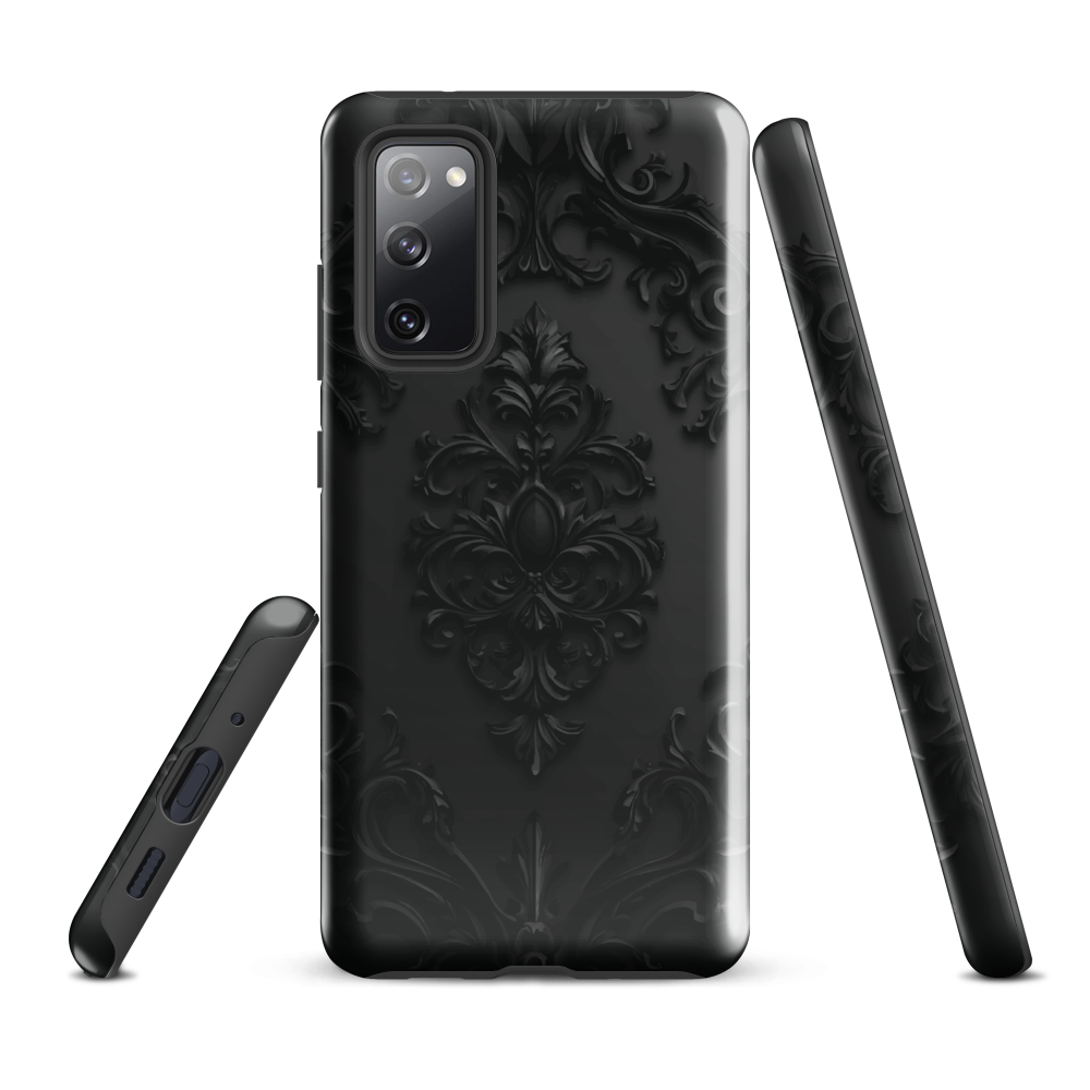 Black embossed damask phone case with gothic baroque pattern.