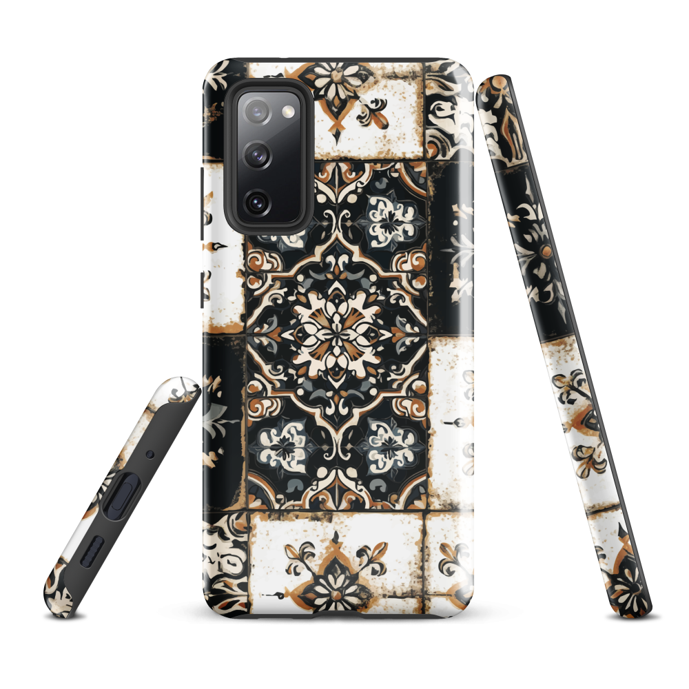 Moroccan tile pattern phone case in black, white, and gold tones with vintage-inspired design.