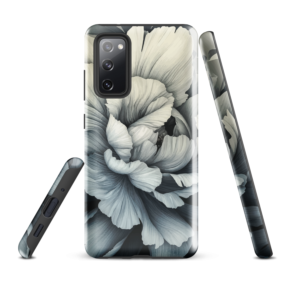 Black and white floral phone case featuring a soft, moody peony design by New Zealand artist Ben Hart.