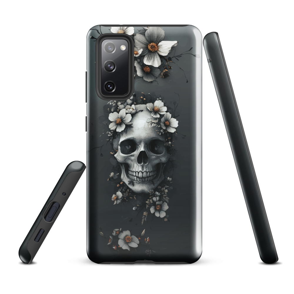 Gothic phone case with a floral skull design in grey tones, featuring white blossoms and dark detailing.