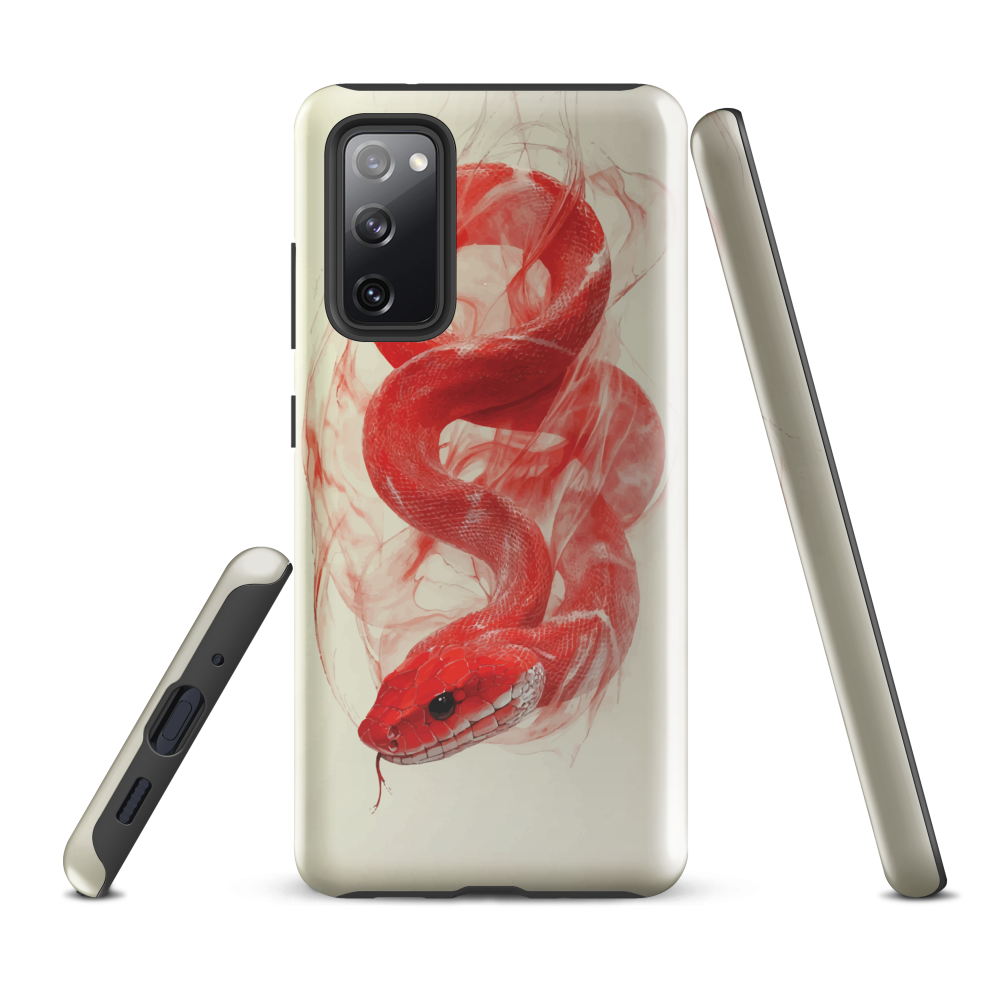 Phone case with red snake design on a cream background, coiled in smoky detail. Bold artwork by NZ designer Ben Hart.