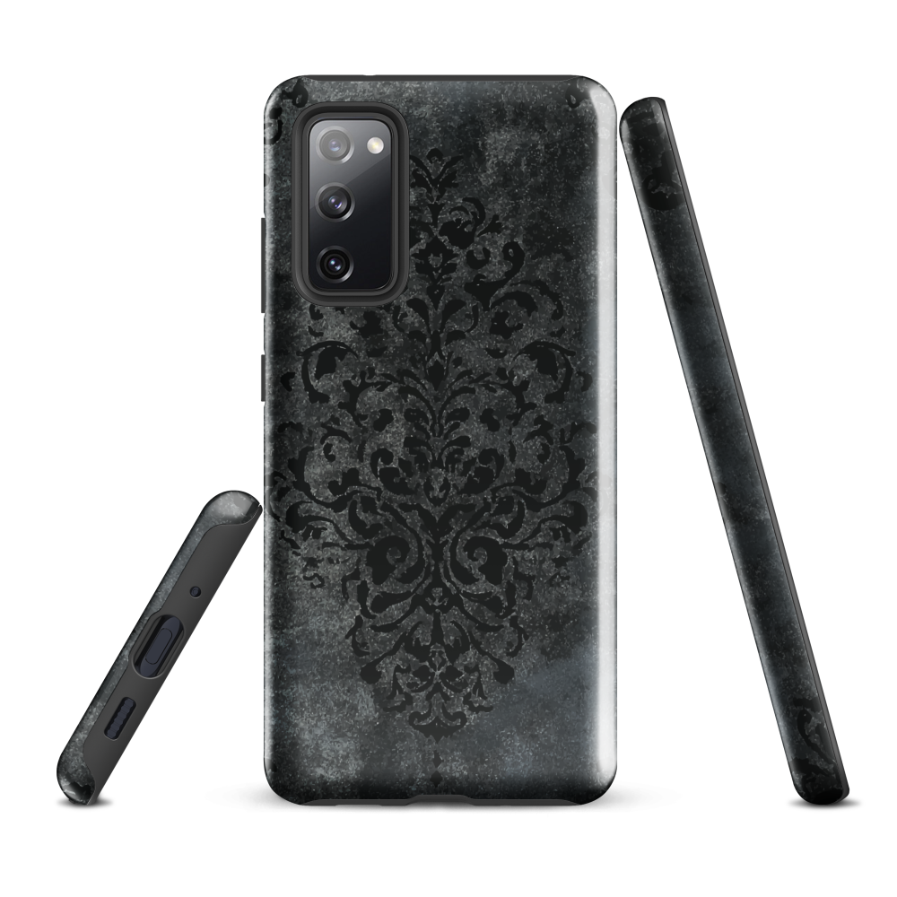 Dark damask patterned phone case with a vintage gothic aesthetic and textured stone background.