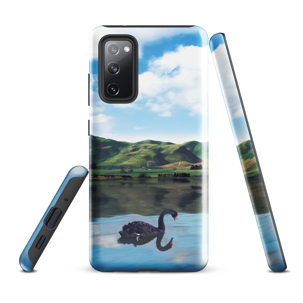 Phone case with a black swan on a calm lake, New Zealand hills in the background. Art by NZ designer Ben Hart.