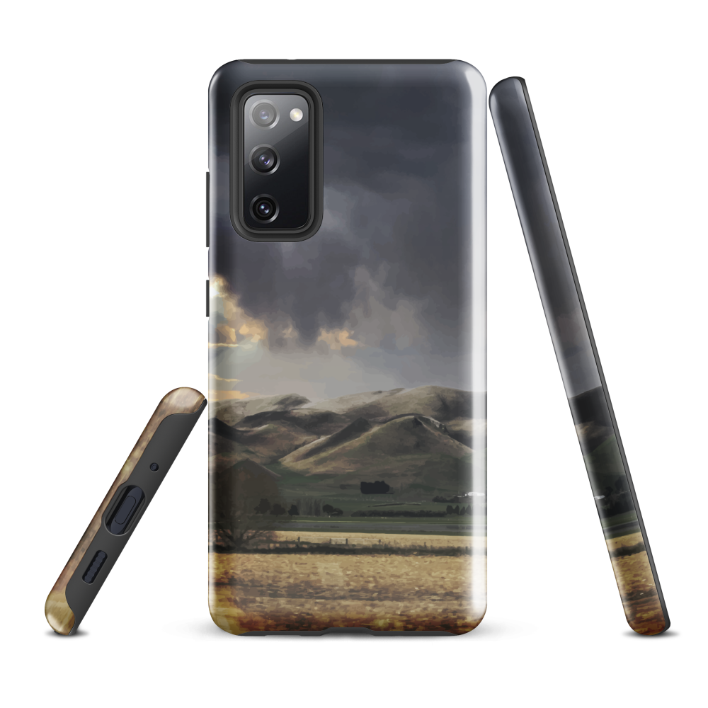 Designer phone case with NZ landscape painting of Te Hauke and cloudy skies by Ben Hart.