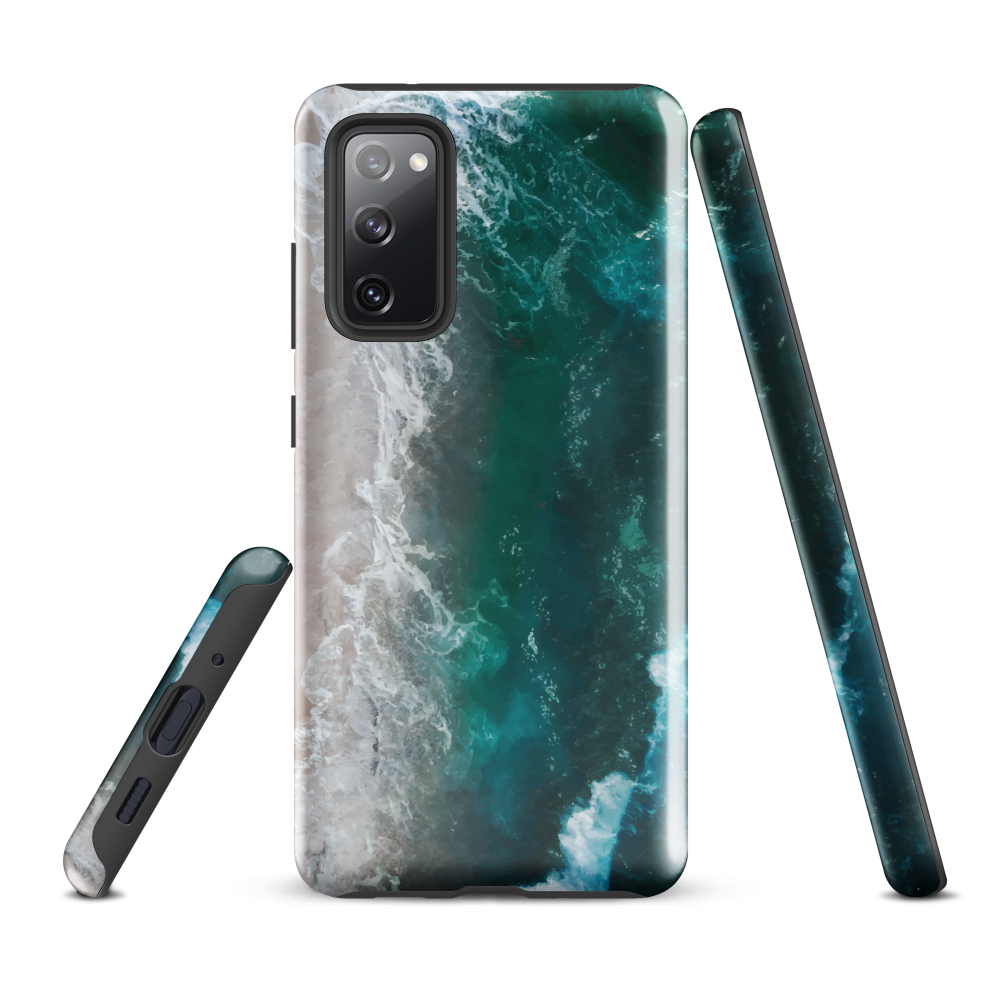 Ocean wave phone case with abstract beach design in teal and white, by NZ artist Ben Hart.