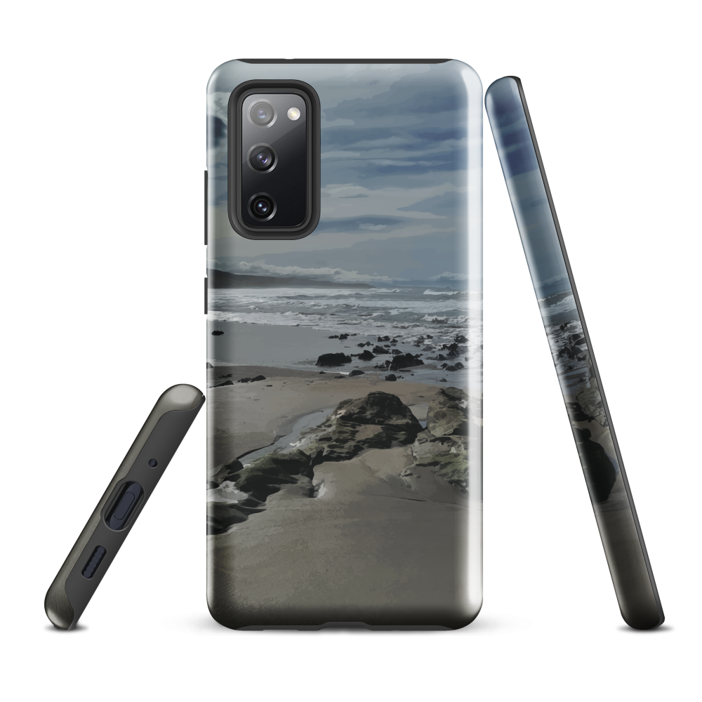 Phone case with artwork of Riversdale Beach, Masterton – rocks, waves and sky by NZ artist Ben Hart.