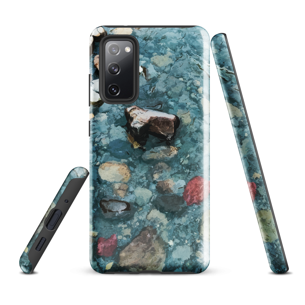 Washed Away designer phone case with abstract river stone artwork in earthy blues and natural tones.