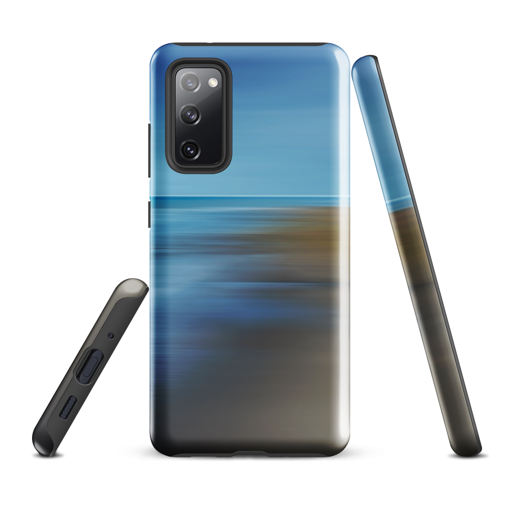 Ocean Breeze phone case with abstract blue and sandy tones inspired by sea and sky.