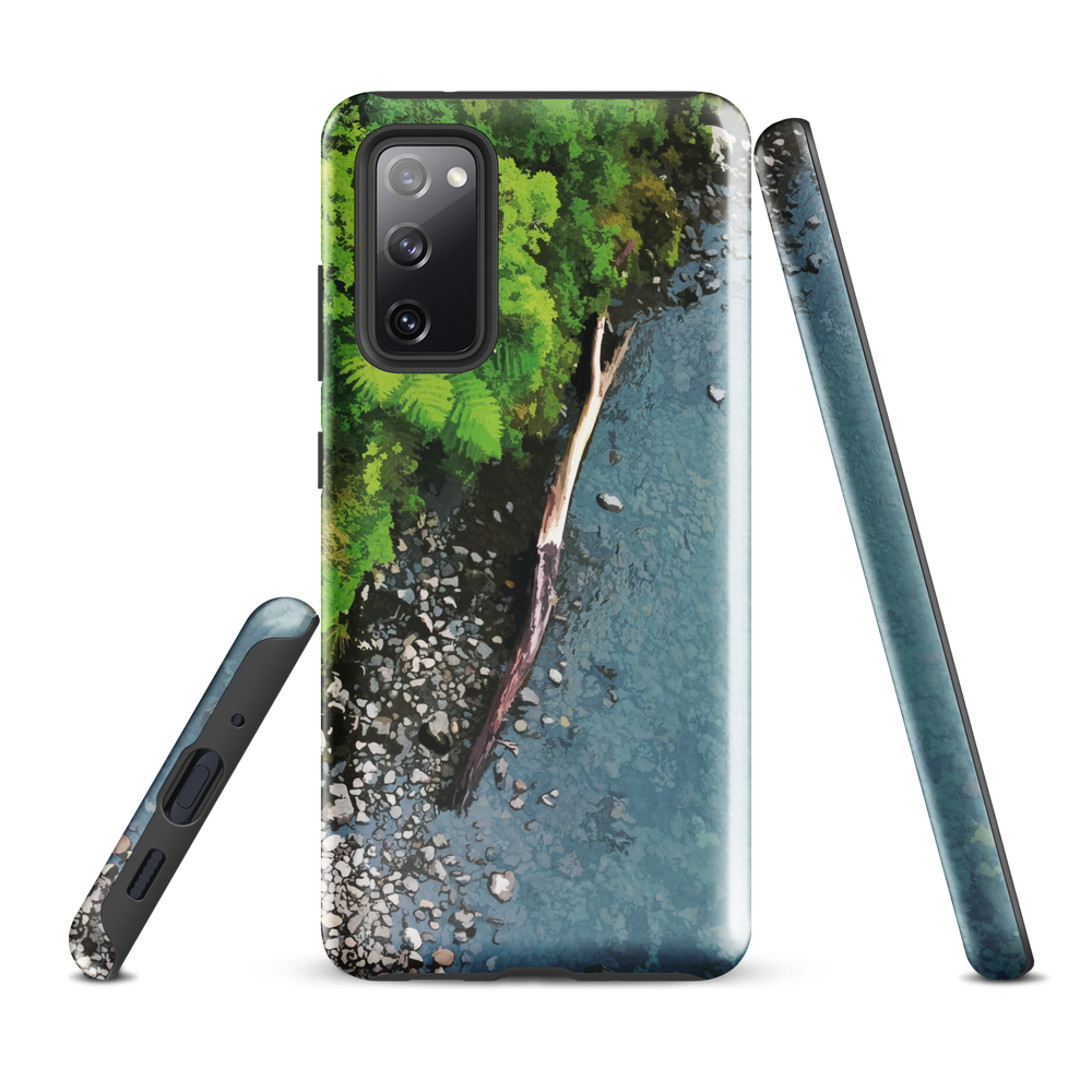 Resting Place phone case with aerial artwork of river rocks, green bush, and driftwood in a New Zealand stream.
