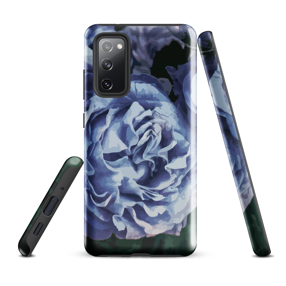 Designer phone case with a bold blue rose artwork and glossy finish.