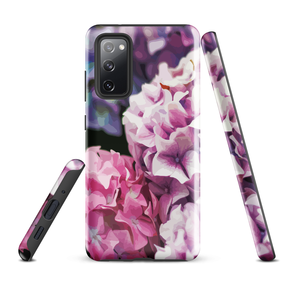 Designer phone case with pink and purple hydrangea floral artwork.