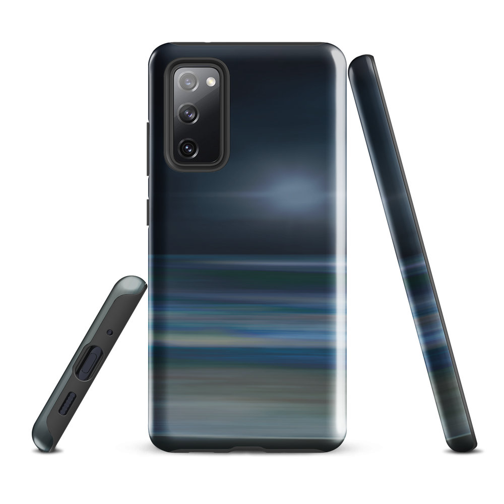 Dark abstract phone case with blue and grey streaks and glossy finish.