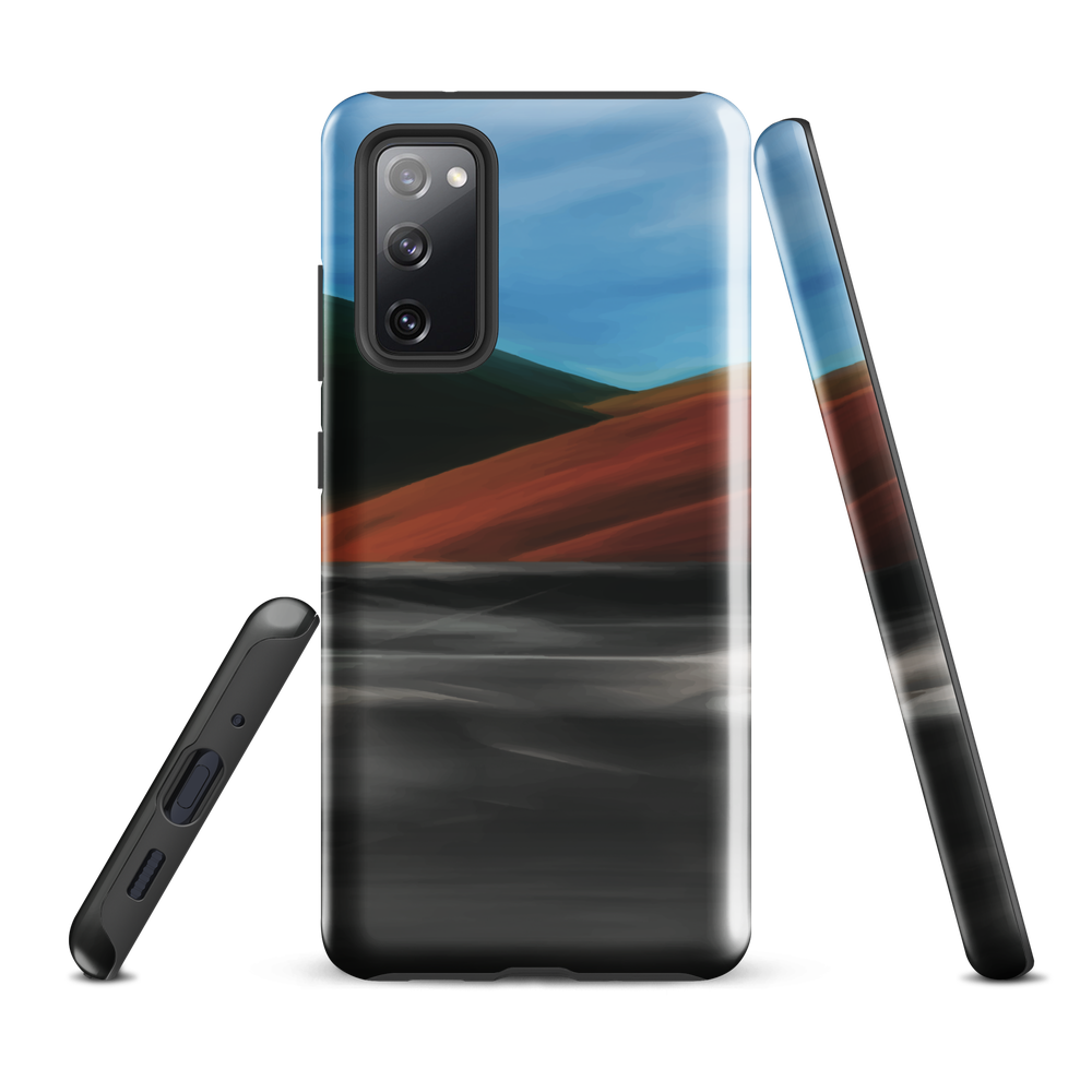Phone case with abstract red, green, and blue heat wave landscape design.